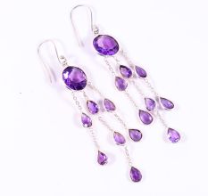 Handmade 925 Sterling Silver Chain Dangle Earrings with Amethyst